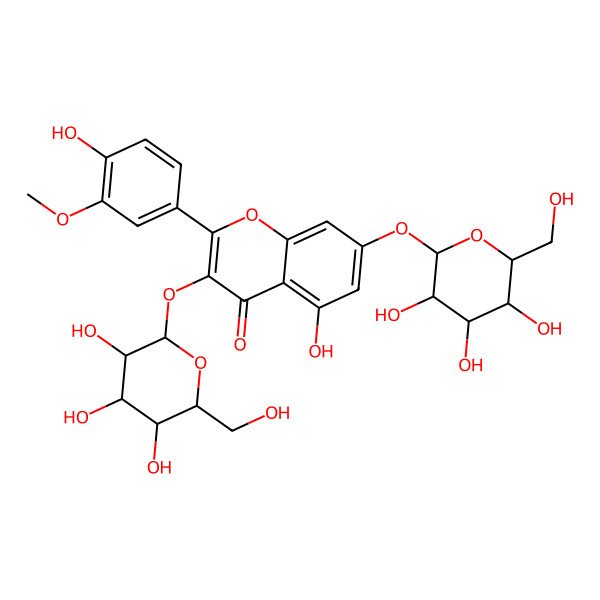 2D Structure of 5-hydroxy-2-(4-hydroxy-3-methoxyphenyl)-7-[(2S,3R,4S,5S,6R)-3,4,5-trihydroxy-6-(hydroxymethyl)oxan-2-yl]oxy-3-[(2S,3S,4S,5S,6R)-3,4,5-trihydroxy-6-(hydroxymethyl)oxan-2-yl]oxychromen-4-one