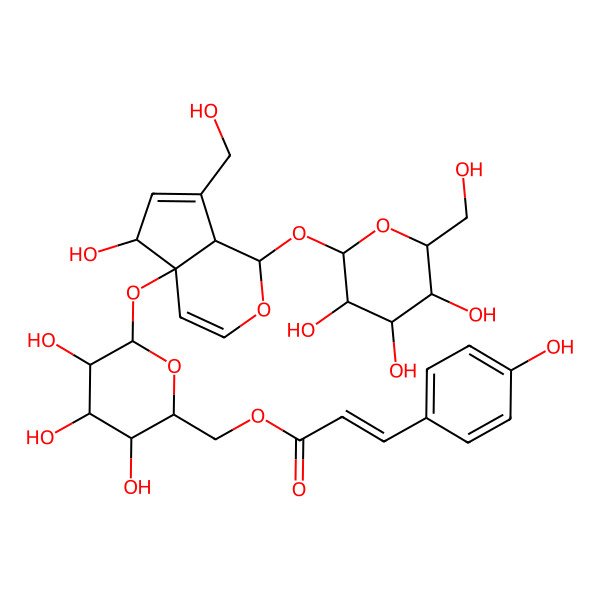 2D Structure of [3,4,5-trihydroxy-6-[[5-hydroxy-7-(hydroxymethyl)-1-[3,4,5-trihydroxy-6-(hydroxymethyl)oxan-2-yl]oxy-5,7a-dihydro-1H-cyclopenta[c]pyran-4a-yl]oxy]oxan-2-yl]methyl 3-(4-hydroxyphenyl)prop-2-enoate
