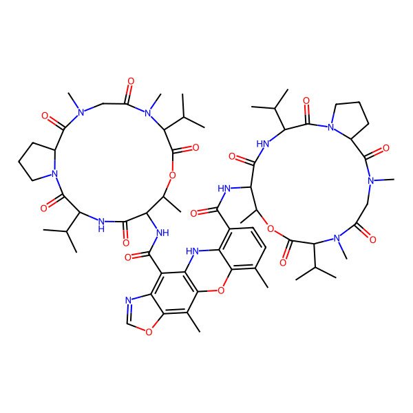 2D Structure of 9,11-dimethyl-4-N,6-N-bis[7,11,14-trimethyl-2,5,9,12,15-pentaoxo-3,10-di(propan-2-yl)-8-oxa-1,4,11,14-tetrazabicyclo[14.3.0]nonadecan-6-yl]-5H-[1,3]oxazolo[4,5-b]phenoxazine-4,6-dicarboxamide