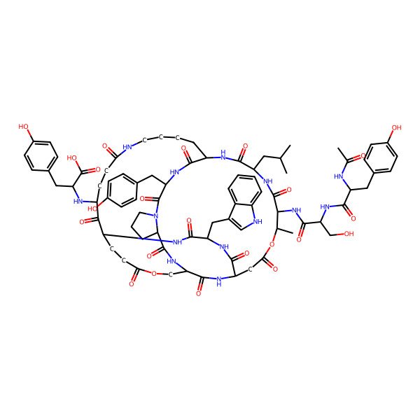 2D Structure of 2-[[30-[[2-[[2-acetamido-3-(4-hydroxyphenyl)propanoyl]amino]-3-hydroxypropanoyl]amino]-4-[(4-hydroxyphenyl)methyl]-22-(1H-indol-3-ylmethyl)-29-methyl-33-(2-methylpropyl)-2,5,11,16,21,24,27,31,34,41,45,47-dodecaoxo-15,28-dioxa-3,6,12,20,23,32,35,40,46-nonazatetracyclo[17.16.10.213,25.06,10]heptatetracontan-44-yl]amino]-3-(4-hydroxyphenyl)propanoic acid