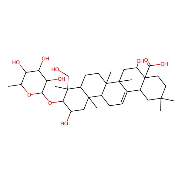 2D Structure of 5,11-Dihydroxy-9-(hydroxymethyl)-2,2,6a,6b,9,12a-hexamethyl-10-(3,4,5-trihydroxy-6-methyloxan-2-yl)oxy-1,3,4,5,6,6a,7,8,8a,10,11,12,13,14b-tetradecahydropicene-4a-carboxylic acid