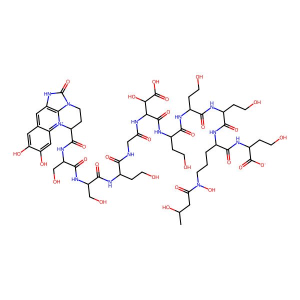 2D Structure of 2-[[2-[[2-[[2-[[2-[[3-Carboxy-2-[[2-[[2-[[2-[[2-[(4,5-dihydroxy-11-oxo-10,12-diaza-1-azoniatetracyclo[7.6.1.02,7.012,16]hexadeca-1,3,5,7,9(16)-pentaene-15-carbonyl)amino]-3-hydroxypropanoyl]amino]-3-hydroxypropanoyl]amino]-4-hydroxybutanoyl]amino]acetyl]amino]-3-hydroxypropanoyl]amino]-4-hydroxybutanoyl]amino]-4-hydroxybutanoyl]amino]-4-hydroxybutanoyl]amino]-5-[hydroxy(3-hydroxybutanoyl)amino]pentanoyl]amino]-4-hydroxybutanoate