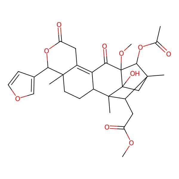 2D Structure of methyl 2-[(1R,2S,5S,6S,13S,14R,15R,17S,18R)-14-acetyloxy-6-(furan-3-yl)-17-hydroxy-13-methoxy-1,5,15-trimethyl-8,12-dioxo-7-oxapentacyclo[13.2.1.02,11.05,10.013,17]octadec-10-en-18-yl]acetate