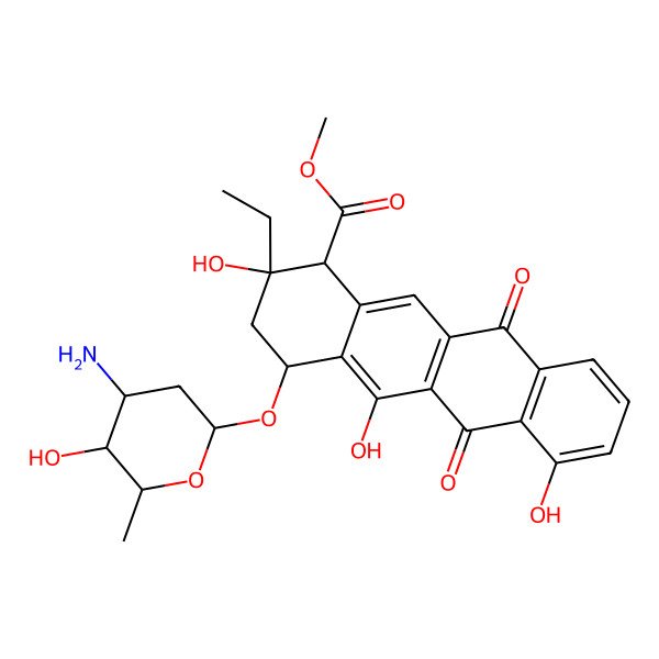 2D Structure of methyl (1R,2R,4S)-4-(4-amino-5-hydroxy-6-methyloxan-2-yl)oxy-2-ethyl-2,5,7-trihydroxy-6,11-dioxo-3,4-dihydro-1H-tetracene-1-carboxylate