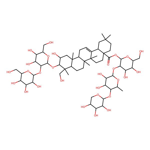 2D Structure of [3-[3,4-Dihydroxy-6-methyl-5-(3,4,5-trihydroxyoxan-2-yl)oxyoxan-2-yl]oxy-4,5-dihydroxy-6-(hydroxymethyl)oxan-2-yl] 10-[4,5-dihydroxy-6-(hydroxymethyl)-3-[3,4,5-trihydroxy-6-(hydroxymethyl)oxan-2-yl]oxyoxan-2-yl]oxy-11-hydroxy-9-(hydroxymethyl)-2,2,6a,6b,9,12a-hexamethyl-1,3,4,5,6,6a,7,8,8a,10,11,12,13,14b-tetradecahydropicene-4a-carboxylate