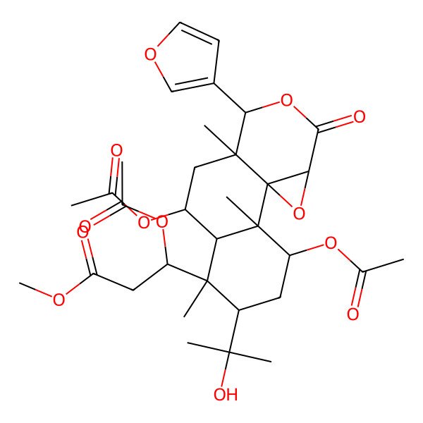 2D Structure of methyl (3S)-3-acetyloxy-3-[(1R,2S,3R,5R,6R,7R,8S,10S,11S,14S)-3,8-diacetyloxy-11-(furan-3-yl)-5-(2-hydroxypropan-2-yl)-2,6,10-trimethyl-13-oxo-12,15-dioxatetracyclo[8.5.0.01,14.02,7]pentadecan-6-yl]propanoate