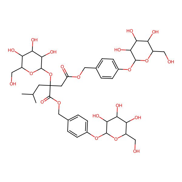2D Structure of bis[[4-[3,4,5-trihydroxy-6-(hydroxymethyl)oxan-2-yl]oxyphenyl]methyl] (2R)-2-(2-methylpropyl)-2-[3,4,5-trihydroxy-6-(hydroxymethyl)oxan-2-yl]oxybutanedioate