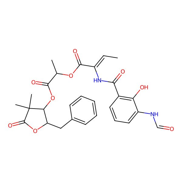 2D Structure of [1-(2-Benzyl-4,4-dimethyl-5-oxooxolan-3-yl)oxy-1-oxopropan-2-yl] 2-[(3-formamido-2-hydroxybenzoyl)amino]but-2-enoate