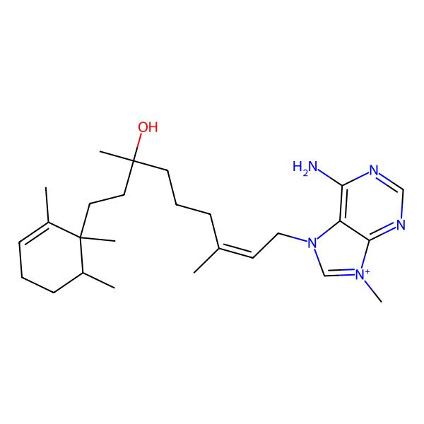 2D Structure of (E)-9-(6-amino-9-methylpurin-9-ium-7-yl)-3,7-dimethyl-1-[(1R,6S)-1,2,6-trimethylcyclohex-2-en-1-yl]non-7-en-3-ol