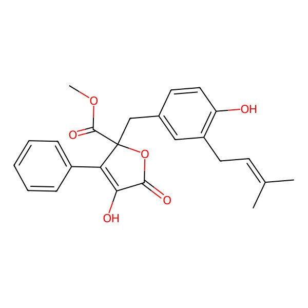 2D Structure of Methyl 4-hydroxy-2-[[4-hydroxy-3-(3-methylbut-2-enyl)phenyl]methyl]-5-oxo-3-phenylfuran-2-carboxylate