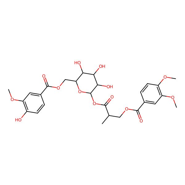 2D Structure of [6-[3-(3,4-Dimethoxybenzoyl)oxy-2-methylpropanoyl]oxy-3,4,5-trihydroxyoxan-2-yl]methyl 4-hydroxy-3-methoxybenzoate