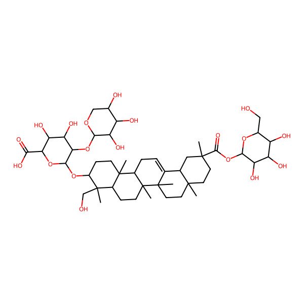 2D Structure of (2S,3S,4S,5R,6R)-6-[[(3S,4S,4aR,6aR,6bS,8aS,11R,12aS,14aS,14bR)-4-(hydroxymethyl)-4,6a,6b,8a,11,14b-hexamethyl-11-[(2S,3R,4S,5S,6R)-3,4,5-trihydroxy-6-(hydroxymethyl)oxan-2-yl]oxycarbonyl-1,2,3,4a,5,6,7,8,9,10,12,12a,14,14a-tetradecahydropicen-3-yl]oxy]-3,4-dihydroxy-5-[(2S,3R,4S,5R)-3,4,5-trihydroxyoxan-2-yl]oxyoxane-2-carboxylic acid