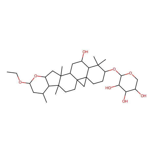 2D Structure of 2-[(8-Ethoxy-15-hydroxy-4,6,12,17,17-pentamethyl-9-oxahexacyclo[11.9.0.01,21.04,12.05,10.016,21]docosan-18-yl)oxy]oxane-3,4,5-triol