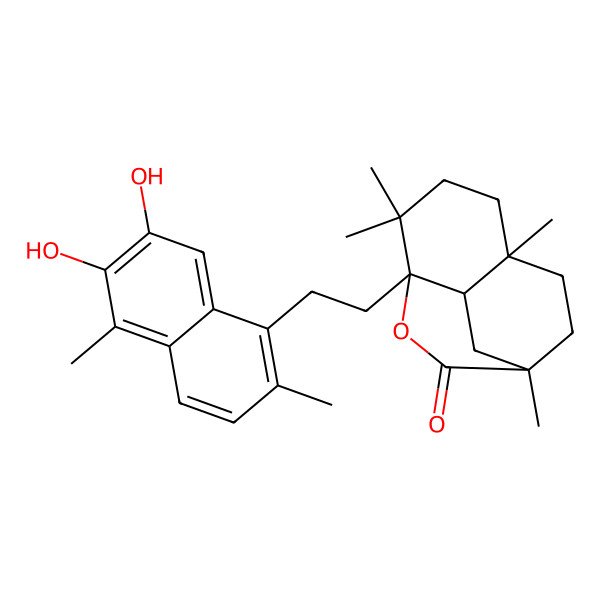 2D Structure of (1R,4R,8S,9R)-4-[2-(6,7-dihydroxy-2,5-dimethylnaphthalen-1-yl)ethyl]-1,5,5,8-tetramethyl-3-oxatricyclo[6.2.2.04,9]dodecan-2-one