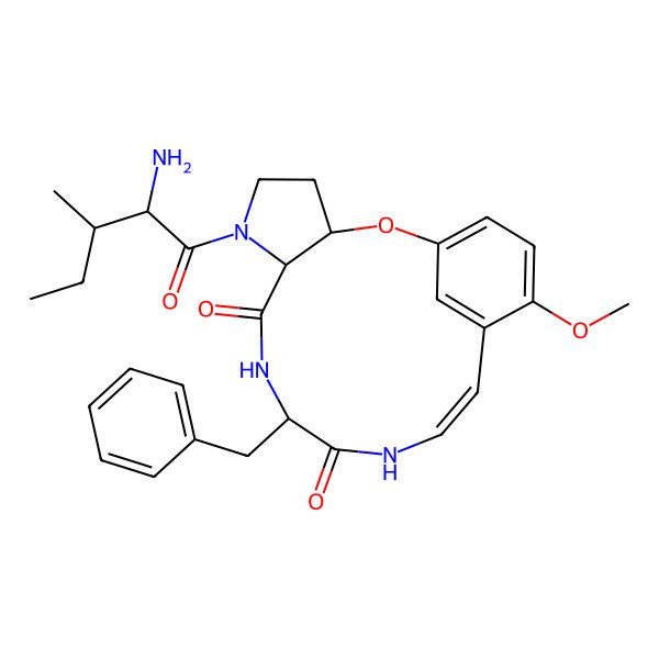 2D Structure of 6-(2-Amino-3-methylpentanoyl)-10-benzyl-16-methoxy-2-oxa-6,9,12-triazatricyclo[13.3.1.03,7]nonadeca-1(19),13,15,17-tetraene-8,11-dione