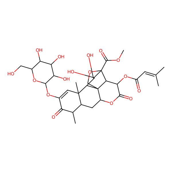 2D Structure of methyl (1R,2S,3R,6R,8S,9S,13S,14R,15R,16S,17R)-15,16-dihydroxy-9,13-dimethyl-3-(3-methylbut-2-enoyloxy)-4,10-dioxo-11-[(2S,3R,4S,5S,6R)-3,4,5-trihydroxy-6-(hydroxymethyl)oxan-2-yl]oxy-5,18-dioxapentacyclo[12.5.0.01,6.02,17.08,13]nonadec-11-ene-17-carboxylate