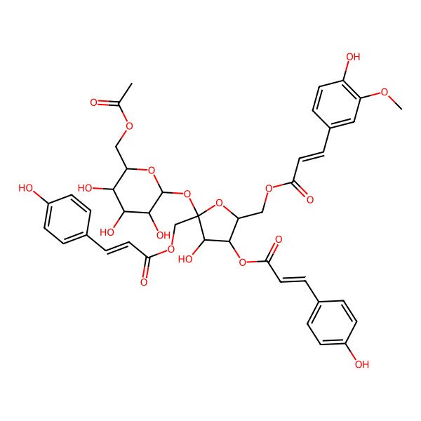 2D Structure of [(2S,3S,4S,5R)-2-[(2R,3R,4S,5S,6R)-6-(acetyloxymethyl)-3,4,5-trihydroxyoxan-2-yl]oxy-3-hydroxy-5-[[(E)-3-(4-hydroxy-3-methoxyphenyl)prop-2-enoyl]oxymethyl]-4-[(E)-3-(4-hydroxyphenyl)prop-2-enoyl]oxyoxolan-2-yl]methyl (E)-3-(4-hydroxyphenyl)prop-2-enoate