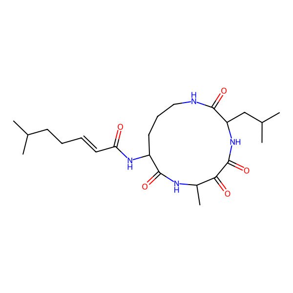 2D Structure of 6-methyl-N-[7-methyl-3-(2-methylpropyl)-2,5,6,9-tetraoxo-1,4,8-triazacyclotridec-10-yl]hept-2-enamide