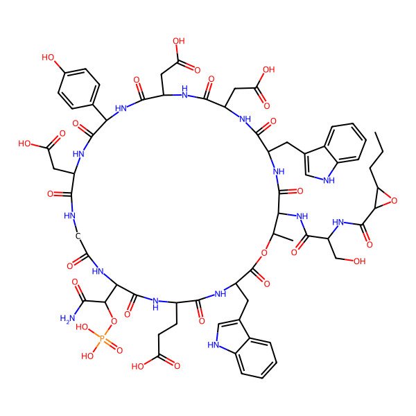 2D Structure of 3-[9-(2-amino-2-oxo-1-phosphonooxyethyl)-15,21,24-tris(carboxymethyl)-18-(4-hydroxyphenyl)-30-[[3-hydroxy-2-[(3-propyloxirane-2-carbonyl)amino]propanoyl]amino]-3,27-bis(1H-indol-3-ylmethyl)-31-methyl-2,5,8,11,14,17,20,23,26,29-decaoxo-1-oxa-4,7,10,13,16,19,22,25,28-nonazacyclohentriacont-6-yl]propanoic acid