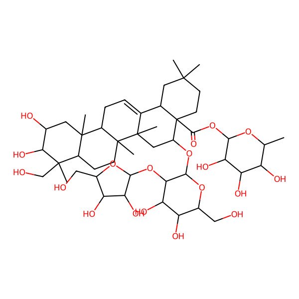 2D Structure of [(2S,3R,4R,5R,6S)-3,4,5-trihydroxy-6-methyloxan-2-yl] (4aR,5R,6aR,6aS,6bR,8aR,9R,10R,11S,12aR,14bS)-5-[(2R,3R,4S,5S,6R)-3-[(2S,3S,4S,5R)-3,4-dihydroxy-5-(hydroxymethyl)oxolan-2-yl]oxy-4,5-dihydroxy-6-(hydroxymethyl)oxan-2-yl]oxy-10,11-dihydroxy-9-(hydroxymethyl)-2,2,6a,6b,9,12a-hexamethyl-1,3,4,5,6,6a,7,8,8a,10,11,12,13,14b-tetradecahydropicene-4a-carboxylate