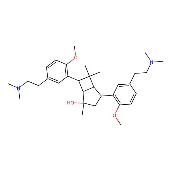 2D Structure of (1R,2R,4S,5R,7R)-4,7-bis[5-[2-(dimethylamino)ethyl]-2-methoxyphenyl]-2,6,6-trimethylbicyclo[3.2.0]heptan-2-ol