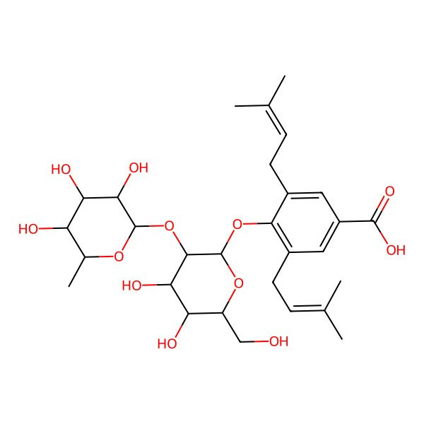 2D Structure of 4-[(2S,3R,4S,5S,6R)-4,5-dihydroxy-6-(hydroxymethyl)-3-[(2S,3R,4R,5R,6S)-3,4,5-trihydroxy-6-methyloxan-2-yl]oxyoxan-2-yl]oxy-3,5-bis(3-methylbut-2-enyl)benzoic acid