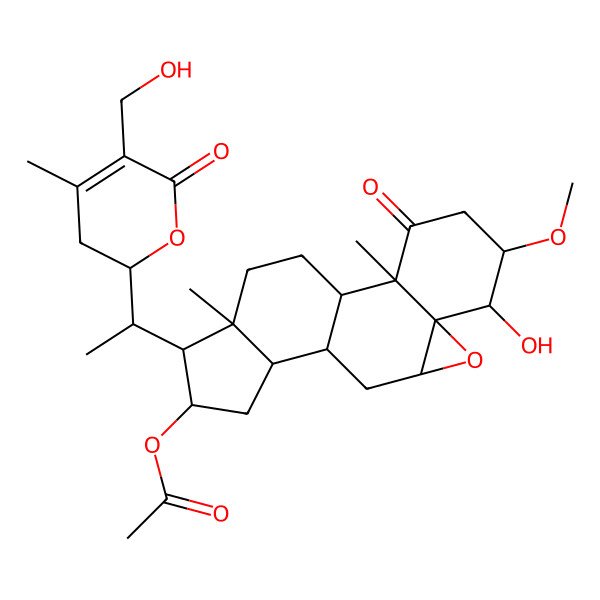 2D Structure of [(1S,2R,5R,6S,7R,9R,11S,12S,14R,15R,16S)-6-hydroxy-15-[(1S)-1-[(2R)-5-(hydroxymethyl)-4-methyl-6-oxo-2,3-dihydropyran-2-yl]ethyl]-5-methoxy-2,16-dimethyl-3-oxo-8-oxapentacyclo[9.7.0.02,7.07,9.012,16]octadecan-14-yl] acetate