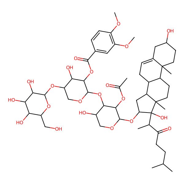 2D Structure of [2-[3-Acetyloxy-2-[[3,17-dihydroxy-10,13-dimethyl-17-(6-methyl-3-oxoheptan-2-yl)-1,2,3,4,7,8,9,11,12,14,15,16-dodecahydrocyclopenta[a]phenanthren-16-yl]oxy]-5-hydroxyoxan-4-yl]oxy-4-hydroxy-5-[3,4,5-trihydroxy-6-(hydroxymethyl)oxan-2-yl]oxyoxan-3-yl] 3,4-dimethoxybenzoate