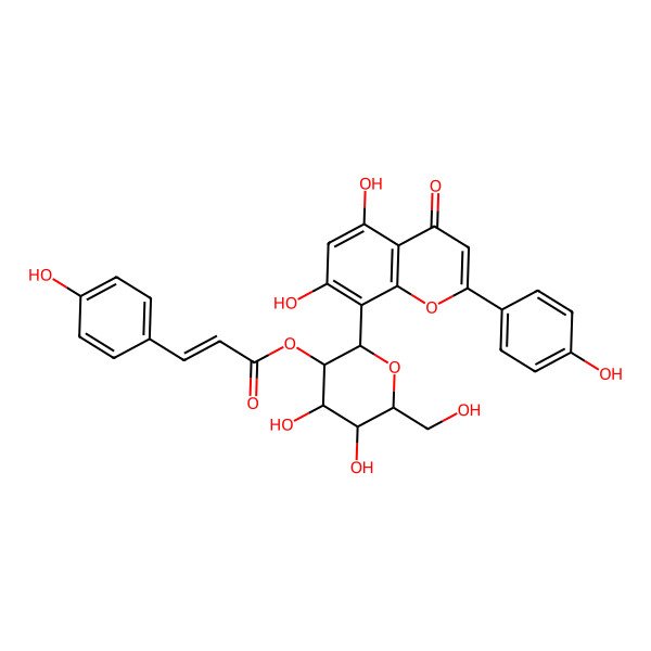 2D Structure of [(2R,3R,4S,5S,6R)-2-[5,7-dihydroxy-2-(4-hydroxyphenyl)-4-oxochromen-8-yl]-4,5-dihydroxy-6-(hydroxymethyl)oxan-3-yl] (E)-3-(4-hydroxyphenyl)prop-2-enoate
