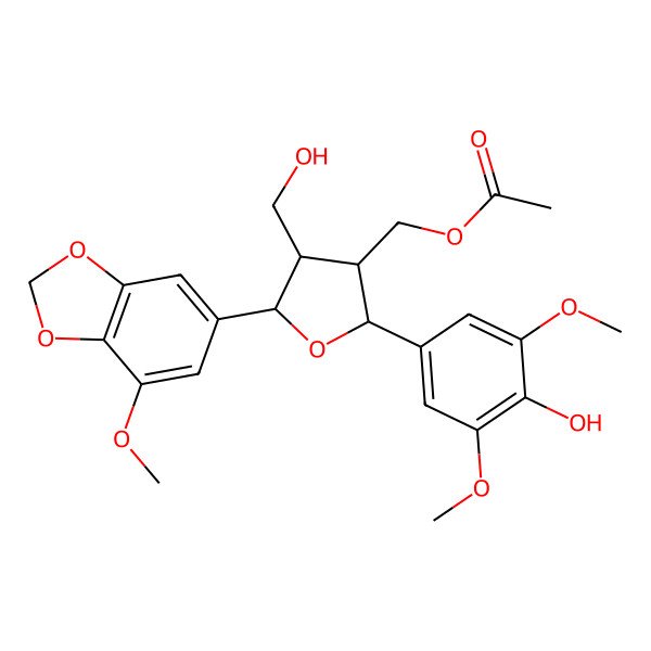 2D Structure of [(2S,3R,4R,5S)-2-(4-hydroxy-3,5-dimethoxyphenyl)-4-(hydroxymethyl)-5-(7-methoxy-1,3-benzodioxol-5-yl)oxolan-3-yl]methyl acetate