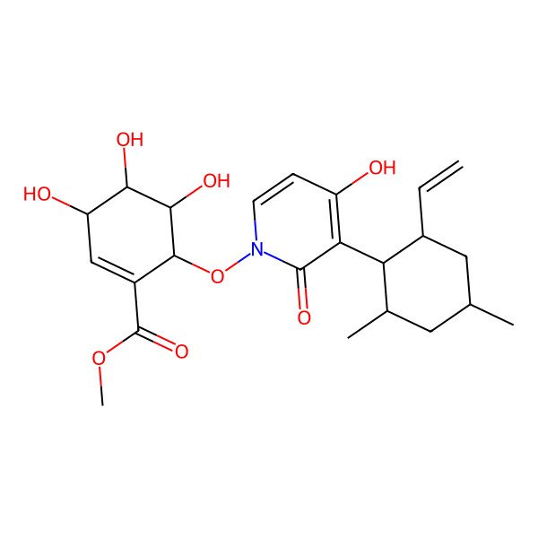 2D Structure of methyl (3S,4S,5S,6R)-6-[3-[(1R,2S,4R,6S)-2-ethenyl-4,6-dimethylcyclohexyl]-4-hydroxy-2-oxopyridin-1-yl]oxy-3,4,5-trihydroxycyclohexene-1-carboxylate