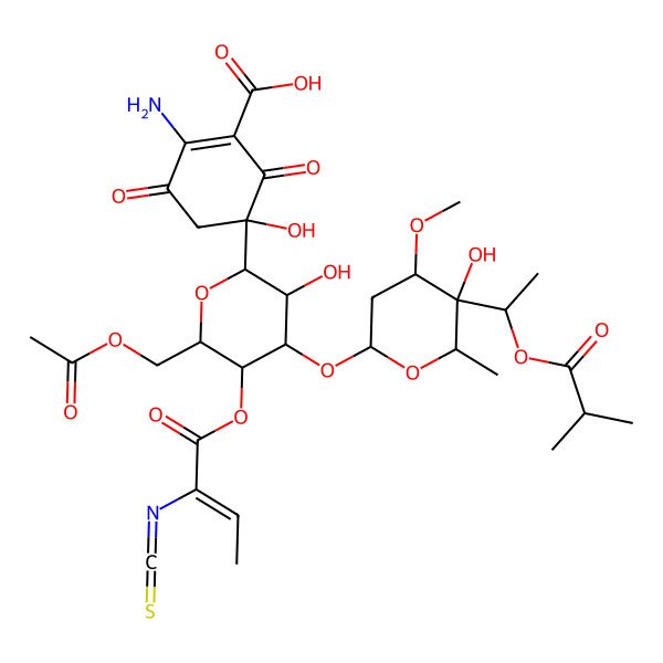 2D Structure of (5R)-5-[6-(acetyloxymethyl)-3-hydroxy-4-[5-hydroxy-4-methoxy-6-methyl-5-[(1R)-1-(2-methylpropanoyloxy)ethyl]oxan-2-yl]oxy-5-[(Z)-2-isothiocyanatobut-2-enoyl]oxyoxan-2-yl]-2-amino-5-hydroxy-3,6-dioxocyclohexene-1-carboxylic acid