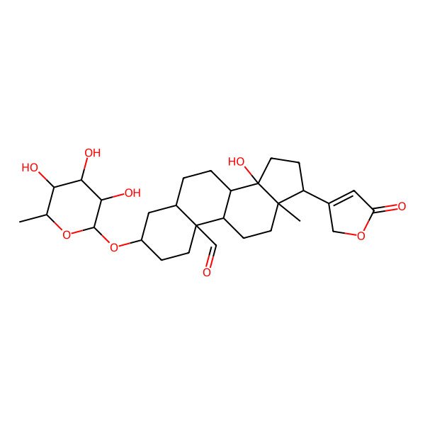 2D Structure of 14-hydroxy-13-methyl-17-(5-oxo-2H-furan-3-yl)-3-(3,4,5-trihydroxy-6-methyloxan-2-yl)oxy-1,2,3,4,5,6,7,8,9,11,12,15,16,17-tetradecahydrocyclopenta[a]phenanthrene-10-carbaldehyde