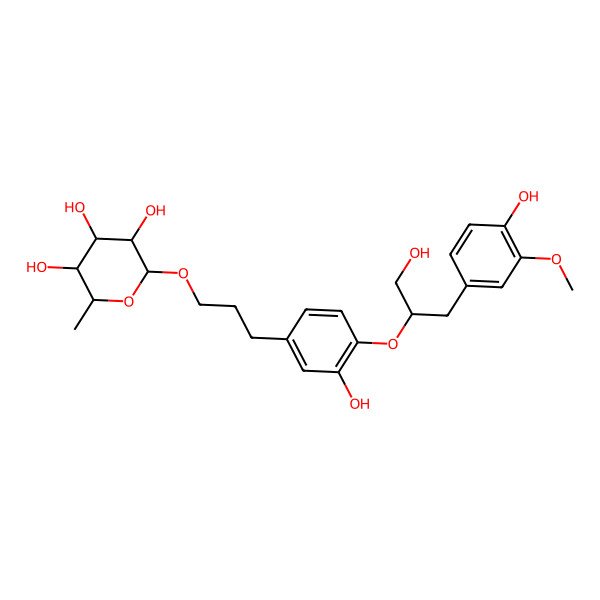 2D Structure of (2R,3R,4R,5R,6S)-2-[3-[3-hydroxy-4-[(2R)-1-hydroxy-3-(4-hydroxy-3-methoxyphenyl)propan-2-yl]oxyphenyl]propoxy]-6-methyloxane-3,4,5-triol