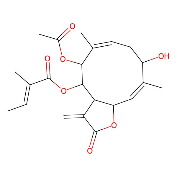 2D Structure of [(3aS,4R,5R,6E,9S,10E,11aR)-5-acetyloxy-9-hydroxy-6,10-dimethyl-3-methylidene-2-oxo-3a,4,5,8,9,11a-hexahydrocyclodeca[b]furan-4-yl] (Z)-2-methylbut-2-enoate