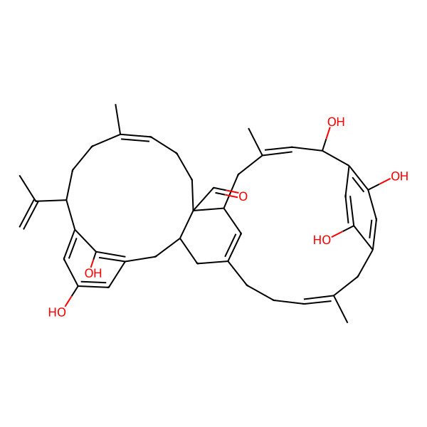 2D Structure of (2S,3E,6S,7S,10E,14R,21S,26Z)-2,17,30,32,35-pentahydroxy-4,11,27-trimethyl-14-prop-1-en-2-ylpentacyclo[27.2.2.16,23.115,19.07,21]pentatriaconta-1(32),3,10,15,17,19(35),23(34),26,29(33),30-decaene-7-carbaldehyde