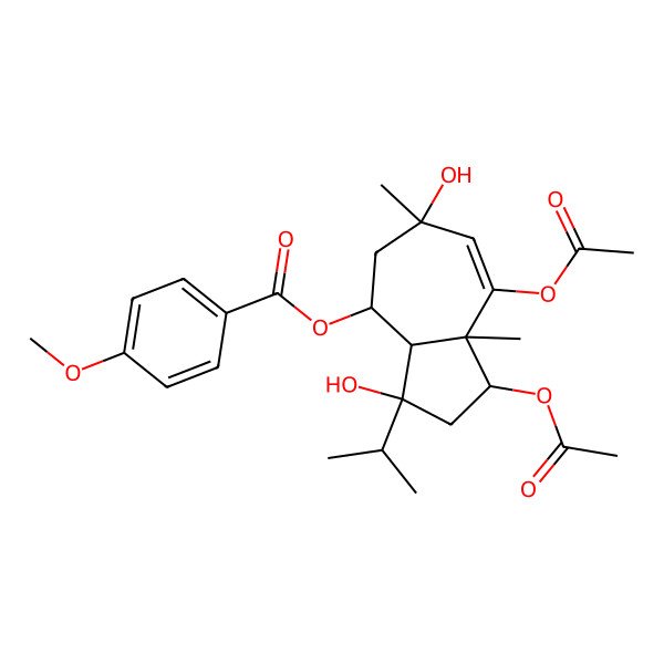 2D Structure of [(1R,3R,3aS,4S,6R,8aR)-1,8-diacetyloxy-3,6-dihydroxy-6,8a-dimethyl-3-propan-2-yl-2,3a,4,5-tetrahydro-1H-azulen-4-yl] 4-methoxybenzoate