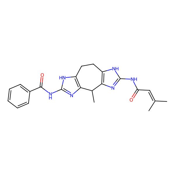 2D Structure of N-[2-methyl-12-(3-methylbut-2-enoylamino)-4,6,11,13-tetrazatricyclo[8.3.0.03,7]trideca-1(10),3(7),4,12-tetraen-5-yl]benzamide