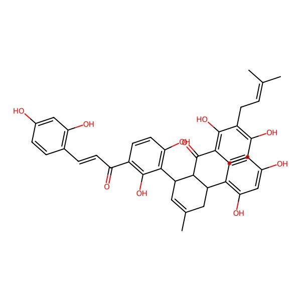 2D Structure of (E)-1-[3-[(1R,5R,6S)-6-[2,4-dihydroxy-3-(3-methylbut-2-enyl)benzoyl]-5-(2,4-dihydroxyphenyl)-3-methylcyclohex-2-en-1-yl]-2,4-dihydroxyphenyl]-3-(2,4-dihydroxyphenyl)prop-2-en-1-one