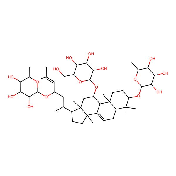 2D Structure of (2S,3R,4R,5R,6R)-2-methyl-6-[[(3R,5R,9R,10S,11R,13S,14S,17S)-4,4,10,13,14-pentamethyl-17-[(2R,4S)-6-methyl-4-[(2R,3R,4R,5R,6S)-3,4,5-trihydroxy-6-methyloxan-2-yl]oxyhept-5-en-2-yl]-11-[(2R,3R,4S,5S,6R)-3,4,5-trihydroxy-6-(hydroxymethyl)oxan-2-yl]oxy-2,3,5,6,9,11,12,15,16,17-decahydro-1H-cyclopenta[a]phenanthren-3-yl]oxy]oxane-3,4,5-triol
