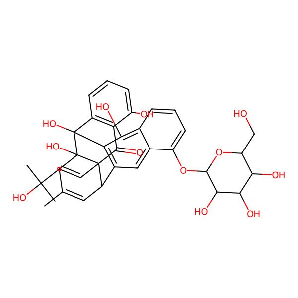 2D Structure of (2S,10S,11S,15R)-2,7,11,24-tetrahydroxy-10-[(E)-3-hydroxy-3-methylbut-1-enyl]-13-methyl-19-[(2R,3R,4R,5S,6S)-3,4,5-trihydroxy-6-(hydroxymethyl)oxan-2-yl]oxyhexacyclo[14.8.0.02,11.03,8.010,15.018,23]tetracosa-1(16),3(8),4,6,13,17,19,21,23-nonaen-9-one