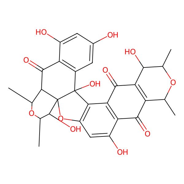 2D Structure of (1S,9R,11R,12S,17S,25S,26R,28R,29R)-5,12,17,20,22,29-hexahydroxy-9,11,26,28-tetramethyl-2,10,27-trioxaheptacyclo[15.12.0.01,25.03,16.06,15.08,13.018,23]nonacosa-3(16),4,6(15),8(13),18(23),19,21-heptaene-7,14,24-trione