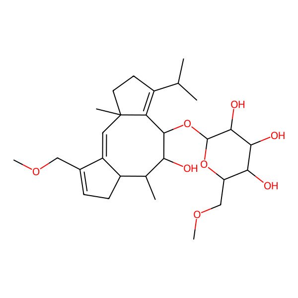 2D Structure of 2-[[9-Hydroxy-14-(methoxymethyl)-3,10-dimethyl-6-propan-2-yl-8-tricyclo[9.3.0.03,7]tetradeca-1,6,13-trienyl]oxy]-6-(methoxymethyl)oxane-3,4,5-triol