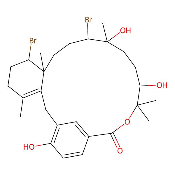 2D Structure of 7,11-Dibromo-12,15,22-trihydroxy-4,8,12,16,16-pentamethyl-17-oxatricyclo[17.3.1.03,8]tricosa-1(22),3,19(23),20-tetraen-18-one