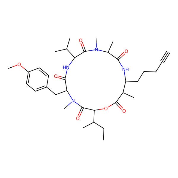 2D Structure of 2-Butan-2-yl-5-[(4-methoxyphenyl)methyl]-4,10,11,15-tetramethyl-14-pent-4-ynyl-8-propan-2-yl-1-oxa-4,7,10,13-tetrazacyclohexadecane-3,6,9,12,16-pentone