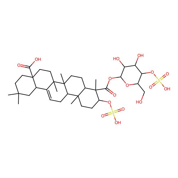 2D Structure of (4aS,6aR,6aS,6bR,8aR,9S,10S,12aR,14bS)-9-[(2S,3R,4R,5S,6R)-3,4-dihydroxy-6-(hydroxymethyl)-5-sulfooxyoxan-2-yl]oxycarbonyl-2,2,6a,6b,9,12a-hexamethyl-10-sulfooxy-1,3,4,5,6,6a,7,8,8a,10,11,12,13,14b-tetradecahydropicene-4a-carboxylic acid