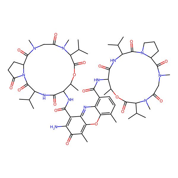 2D Structure of 2-amino-4,6-dimethyl-3-oxo-1-N-[7,11,14-trimethyl-2,5,9,12,15,19-hexaoxo-3,10-di(propan-2-yl)-8-oxa-1,4,11,14-tetrazabicyclo[14.3.0]nonadecan-6-yl]-9-N-[7,11,14-trimethyl-2,5,9,12,15-pentaoxo-3,10-di(propan-2-yl)-8-oxa-1,4,11,14-tetrazabicyclo[14.3.0]nonadecan-6-yl]phenoxazine-1,9-dicarboxamide