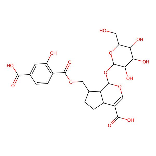 2D Structure of 7-[(4-Carboxy-2-hydroxybenzoyl)oxymethyl]-1-[3,4,5-trihydroxy-6-(hydroxymethyl)oxan-2-yl]oxy-1,4a,5,6,7,7a-hexahydrocyclopenta[c]pyran-4-carboxylic acid