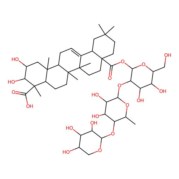 2D Structure of 8a-[3-[3,4-Dihydroxy-6-methyl-5-(3,4,5-trihydroxyoxan-2-yl)oxyoxan-2-yl]oxy-4,5-dihydroxy-6-(hydroxymethyl)oxan-2-yl]oxycarbonyl-2,3-dihydroxy-4,6a,6b,11,11,14b-hexamethyl-1,2,3,4a,5,6,7,8,9,10,12,12a,14,14a-tetradecahydropicene-4-carboxylic acid