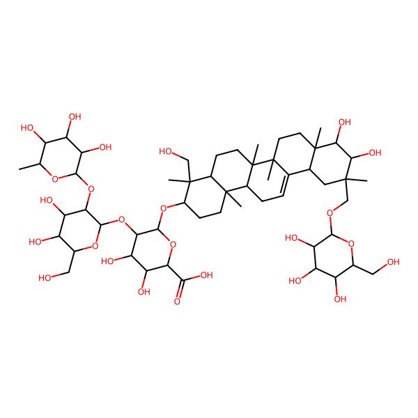2D Structure of (2S,3S,4S,5R,6R)-6-[[(3S,4S,4aR,6aR,6bS,8aR,9S,10R,11S,12aS,14aR,14bR)-9,10-dihydroxy-4-(hydroxymethyl)-4,6a,6b,8a,11,14b-hexamethyl-11-[[(2R,3R,4S,5S,6R)-3,4,5-trihydroxy-6-(hydroxymethyl)oxan-2-yl]oxymethyl]-1,2,3,4a,5,6,7,8,9,10,12,12a,14,14a-tetradecahydropicen-3-yl]oxy]-5-[(2S,3R,4S,5R,6R)-4,5-dihydroxy-6-(hydroxymethyl)-3-[(2S,3R,4R,5R,6S)-3,4,5-trihydroxy-6-methyloxan-2-yl]oxyoxan-2-yl]oxy-3,4-dihydroxyoxane-2-carboxylic acid